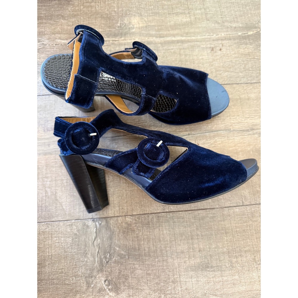 Femme Right Bank Shoe Co Velvet Block Heel Sandals Buckle Peep Toe Blue 9.5M‎